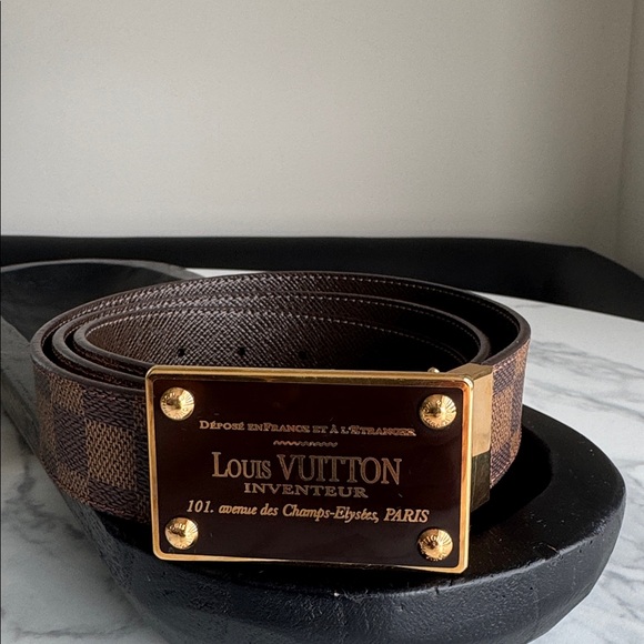Louis Vuitton Brown Damier Ebene Canvas Belt with Gold Plaque - Picture 3 of 3